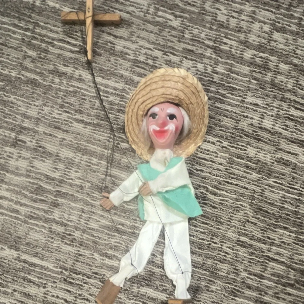 String Marionette Puppet w/ Wooden Cross Controller, Straw Hat, Green Vest
